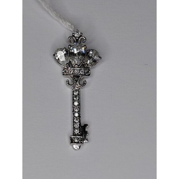 Sterling Silver 925 Key Pendant With Heart & Crown Design Rhinestones 1.25" - Picture 5 of 7